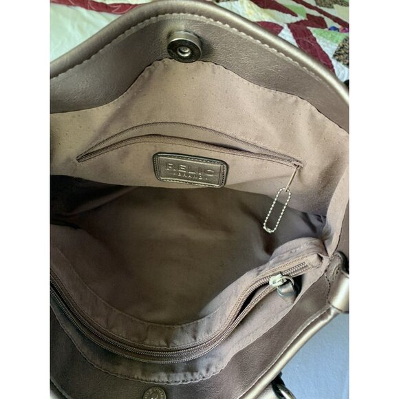 Relic Women Purse Taupe Faux Leather Magenta Flower Applique Boho Metallic Fairy - Picture 6 of 9